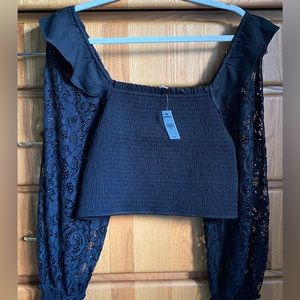 Express Black Lace Long Sleeve Cropped Top Blouse Off Shoulder Ruched